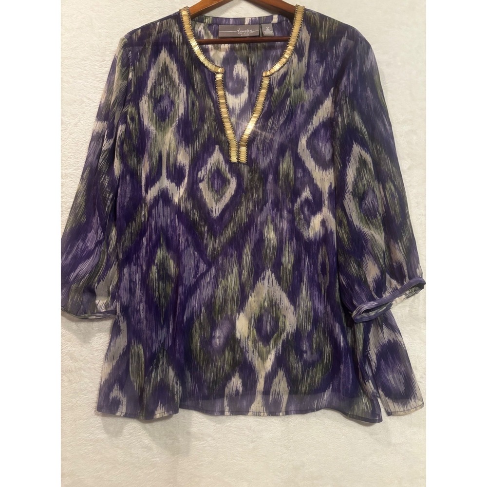 Chico's Travelers Blouse Women 2 Large Purple Trudy Sheer Beaded‎ Neck Tunic Top